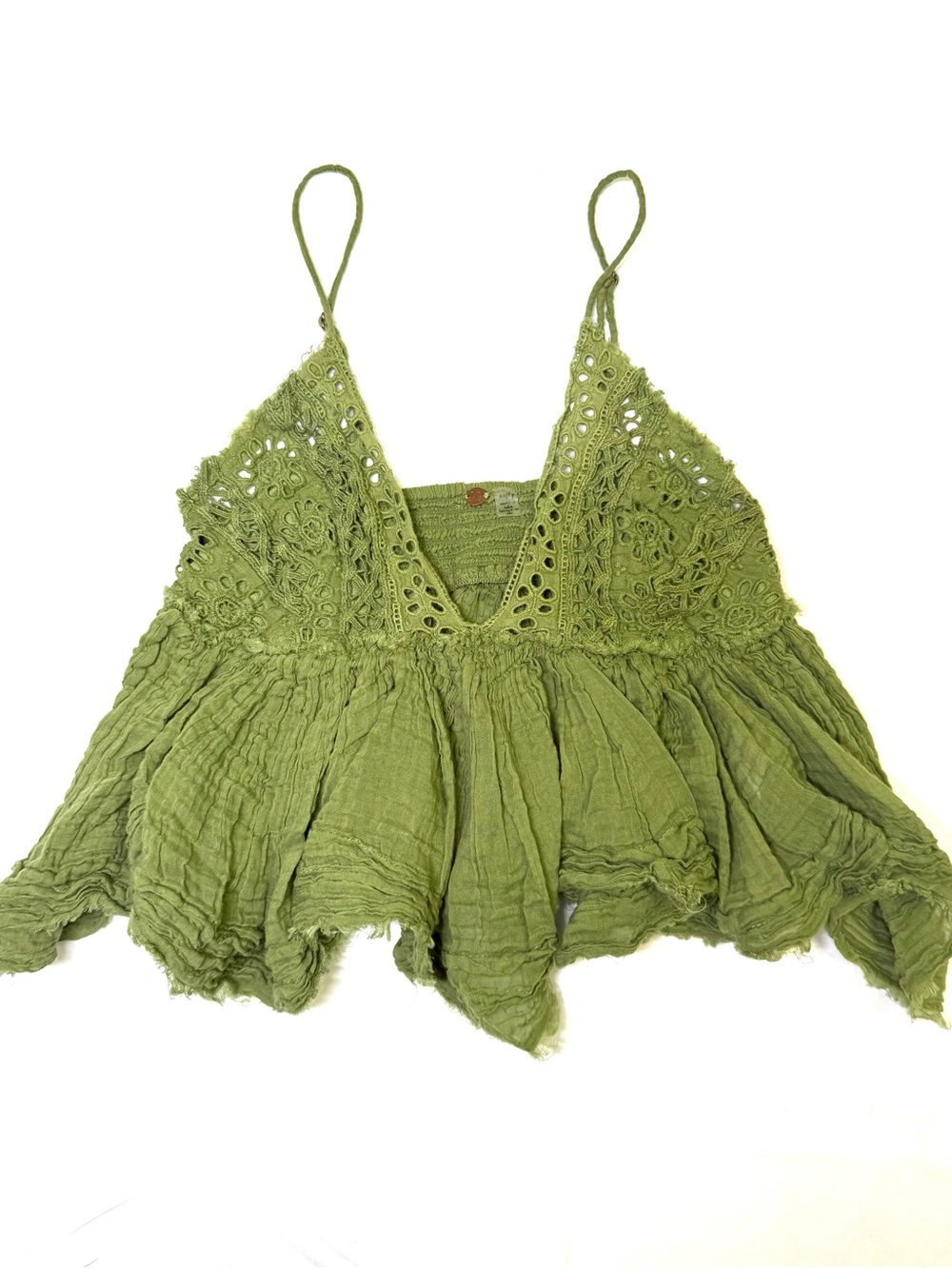 Free People One Green Eyelet Embroidered Handkerchief Hem Deep V Crop Tank XS